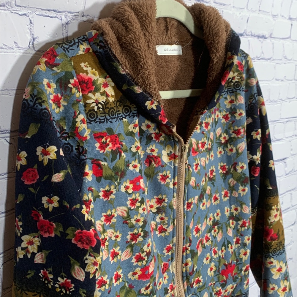 Cellabie Womens Fleece Lined Patchwork Floral Hooded Jacket Blue S Boho Casual - Picture 2 of 6